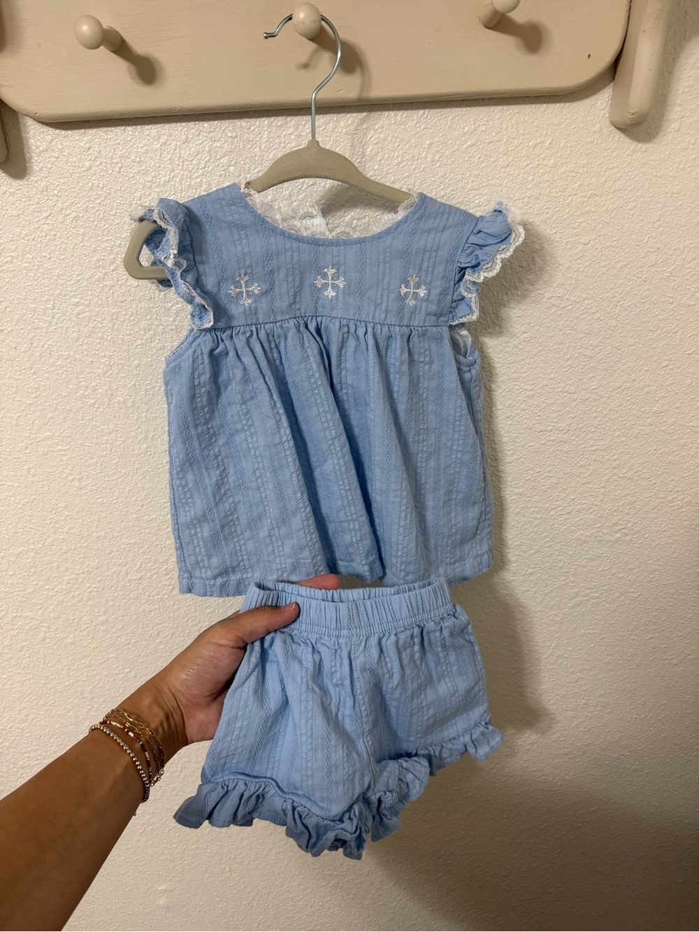 Girls Light Blue Ruffle Sleeve Top & Shorts Matching Set